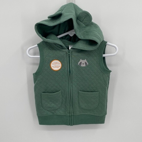 Just one You 12 months Green Quilted Vest Racoon Patch Hooded Full Zip Pockets - Picture 1 of 6